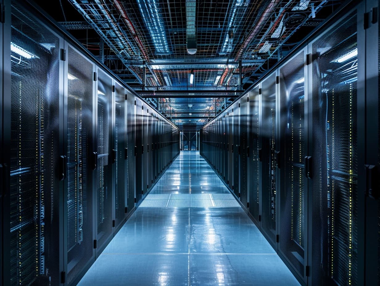 Industrial data infrastructure environment with server racks and dramatic directional light.